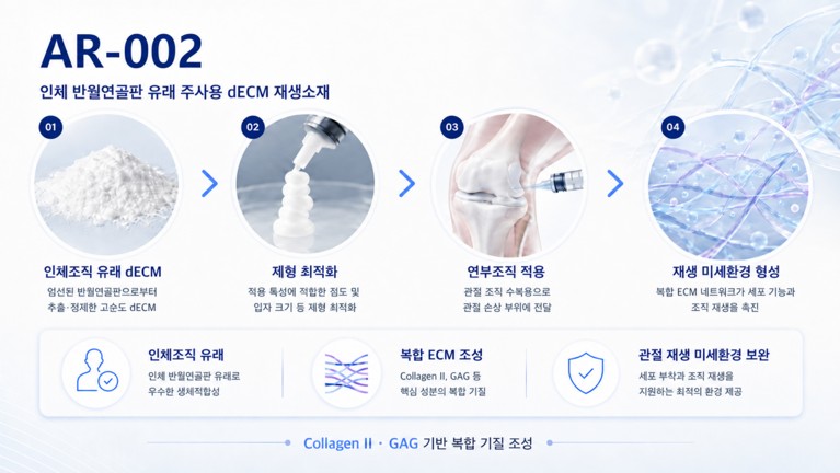 AR-002 — 인체조직 유래 dECM, 제형 최적화, 연부조직 적용, 재생 미세환경 형성의 4단계